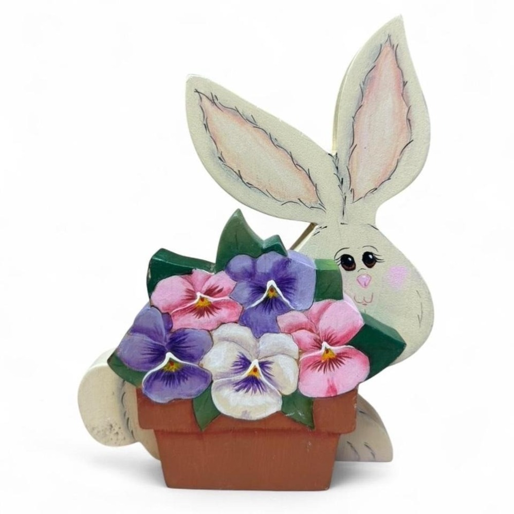 Hand painted wooden bunny with pansies figurine Easter‎ decor springtime